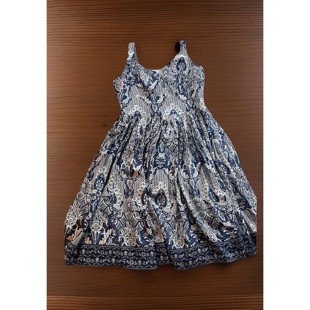 Vintage Talbots Pure Silk Dress Women 8 Petite Blue Floral Paisley Fit Flare